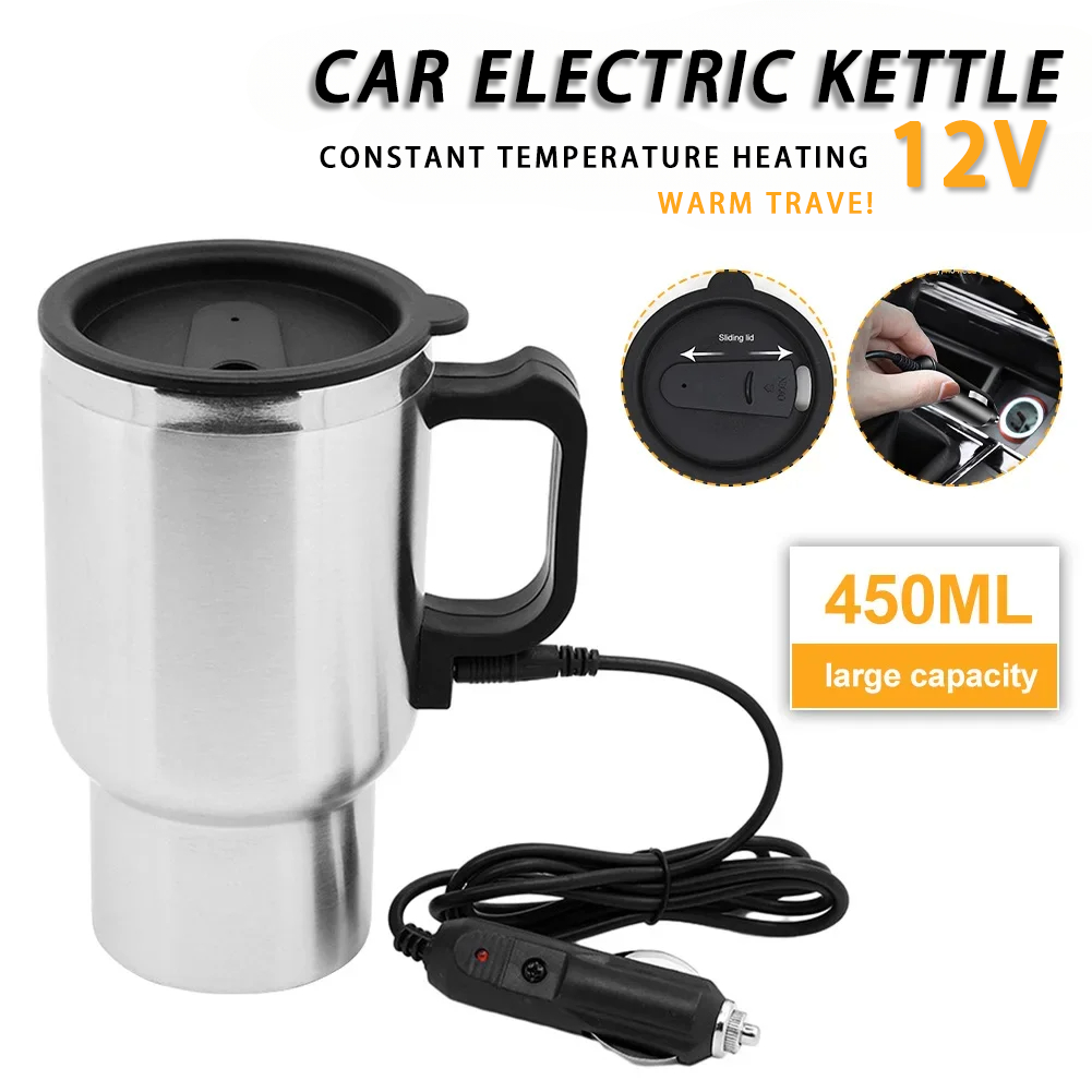 Outdoor Camping Kettle - 電気自動車暖房ケトル、車両暖房カップ、ステンレス鋼、キャンプ、旅行、水、コーヒー、牛乳、サーマルマグ、DC 12v、450ml
