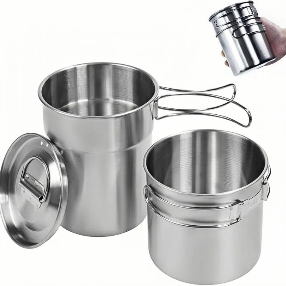 Outdoor Camping World - 折りたたみ式キャンプカップマグカップキャンプポット調理器具304食品グレード屋外キャンプクッキングセット（通気蓋付き、ステンレス鋼バックパック）