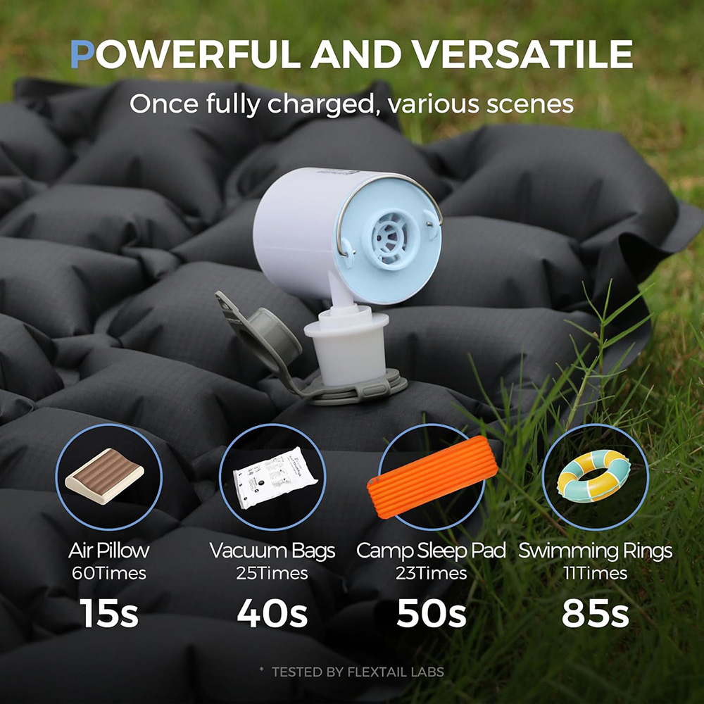 Outdoor Inflatable Camping Tent With Air Pump - FLEXTAIL ポータブルエアポンプ、ライト付きミニキャンプポンプ、USB-C充電、スリーピングパッド、エアベッドマットレス、真空バッグに最適
