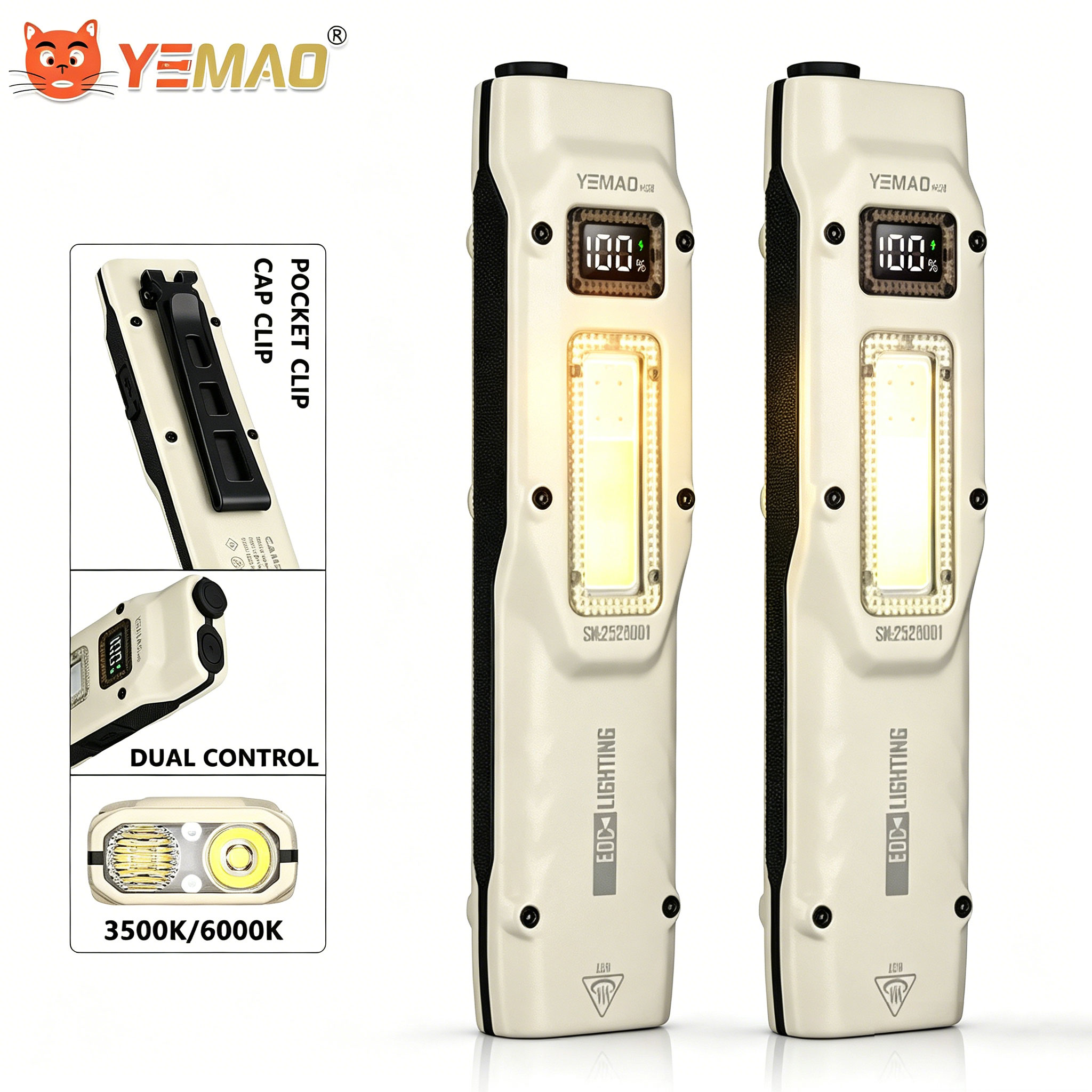 Outdoor Camping Accessories - ポータブル880LM YEMAO M28超薄型タクティカルワークライト、双方向クランプ付き、1000mAhデュアルコアXPLウィック、デジタルディスプレイ、IPX4防水
