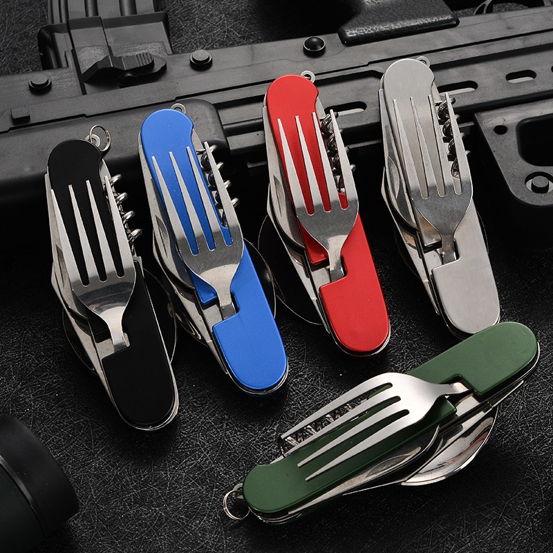 Outdoor Camping World - 4 in 1 折りたたみ食器取り外し可能なキャンプ用品ステンレス鋼ナイフフォークスプーンオープナーポータブル屋外旅行カトラリー