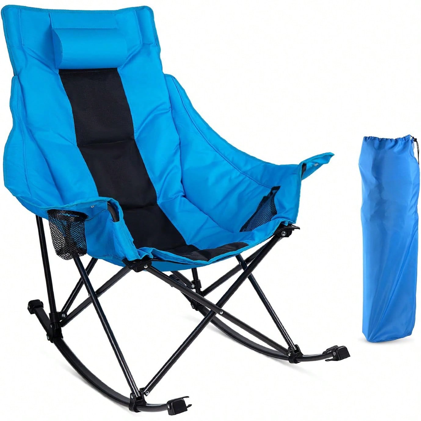 Outdoor Camping Rocking Chair - 大人用折りたたみ式ロッキングキャンプチェア – カップホルダー、クーラーバッグ、サイドポケットを備えたポータブルな大型頑丈設計、キャンプ、芝生、屋外での使用に最適
