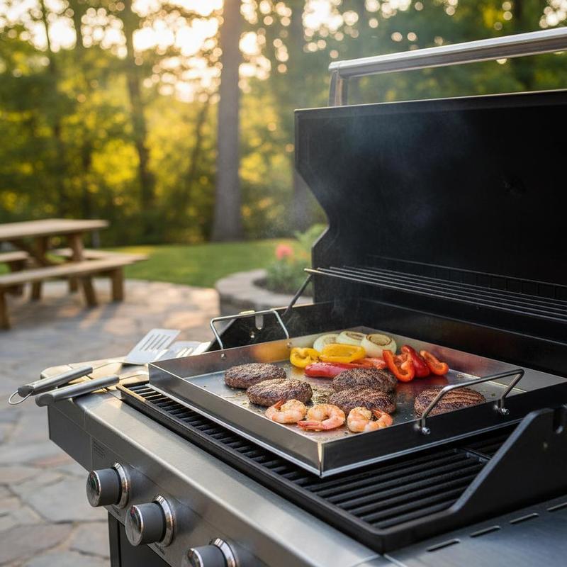 Outdoor Camping World - ユニバーサルフラットトップグリドル 18x16インチ キャンプ、テールゲーティングパーティー用、長方形ホットプレート ファミリー調理器具 内蔵ハンドル ガスグリルアタッチメント