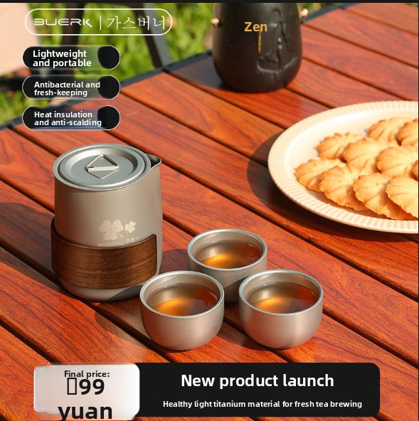 Outdoor Camping Kettle - 携帯用旅行茶器セット、チタンメッキ合金製ティーポットと二重壁カップ付き、屋外キャンプ用茶こし付きティーブリューキット