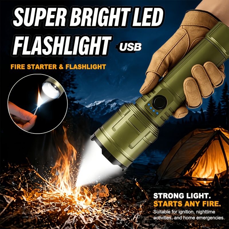 Outdoor Camping Accessories - 懐中電灯ライター＆モバイルバッテリーコンボ、充電式、ズーム可能な超高輝度ビーム、アウトドアキャンプ緊急用5モード懐中電灯