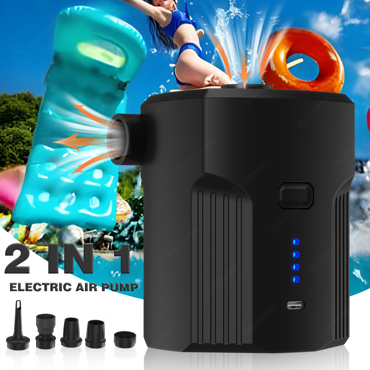 Outdoor Inflatable Camping Tent With Air Pump - 屋外キャンプ、エアマットレスベッド、ボート、クッション、ソファ、プールフロート用の5つのノズル付きインフレータブル用ポータブル電動エアポンプ