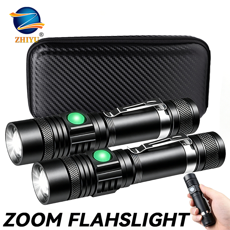 Outdoor Camping Adventure - T6 LED 充電式懐中電灯、18650 ズーム可能なトーチ、キャップクランプ、ヘッドランプ、ペンクリップ、屋外キャンプ用ハンドヘルドワークライト