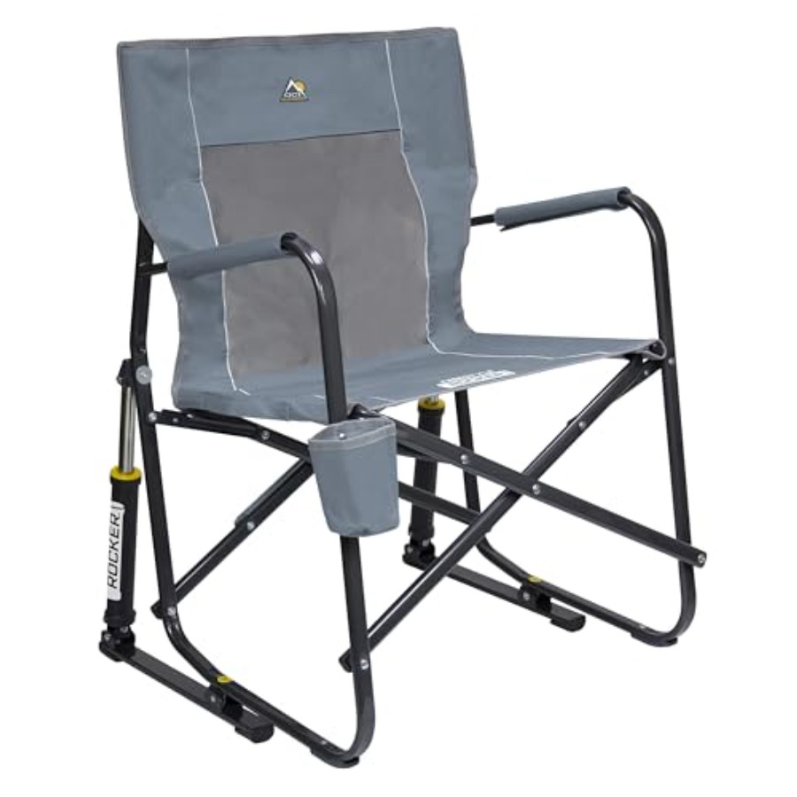 Outdoor Camping Rocking Chair - フリースタイルロッカーキャンプチェア（屋外用）グレーのスチールフレーム折りたたみ式ロッキングチェア、耐久性のあるアームレスト、一体型ドリンクホルダー付き
