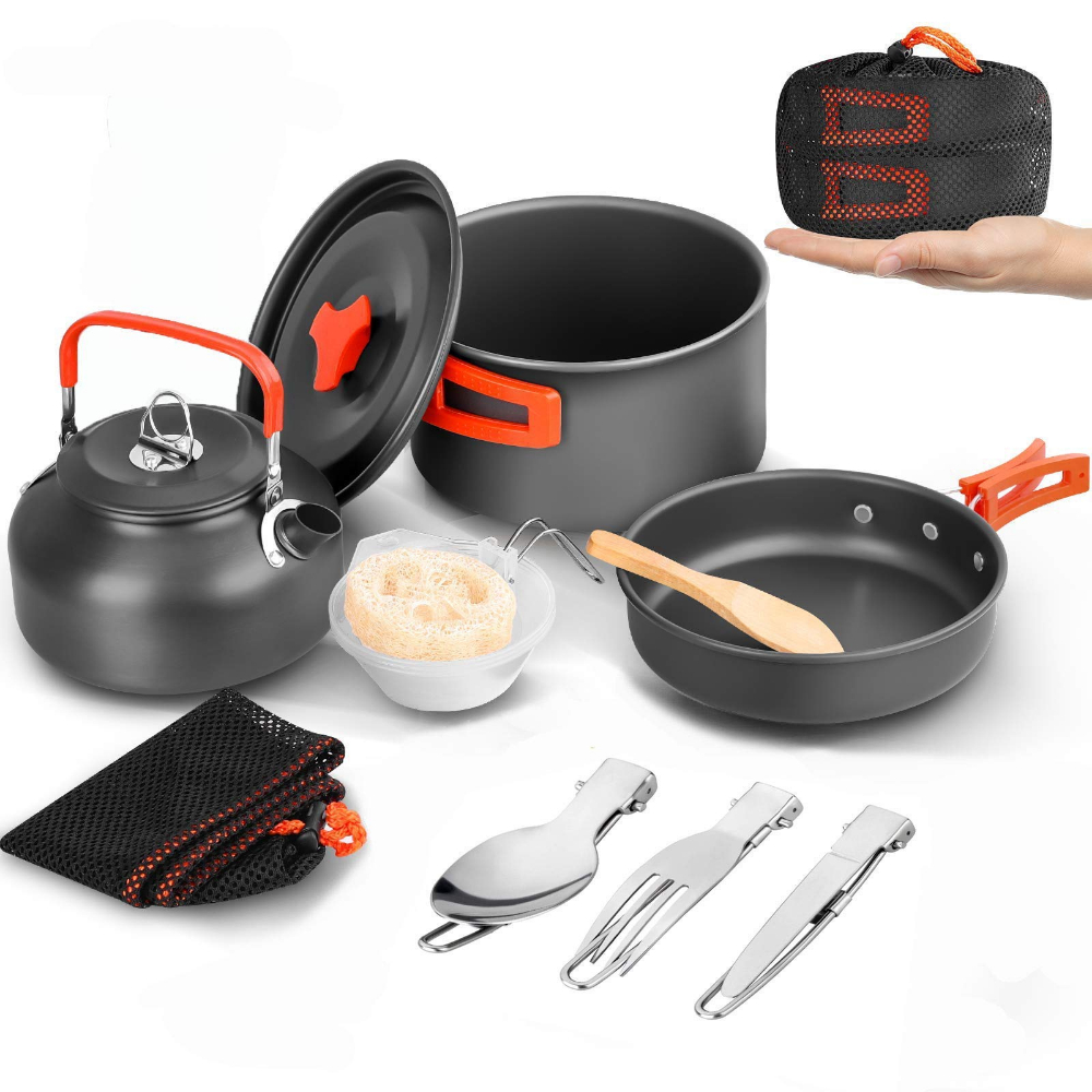 Outdoor Camping Kettle - 屋外用アルミ製ネスティング式調理器具セット、鍋、フライパン、ケトル、メッシュ収納バッグと食器キット付き、キャンプ旅行用品用