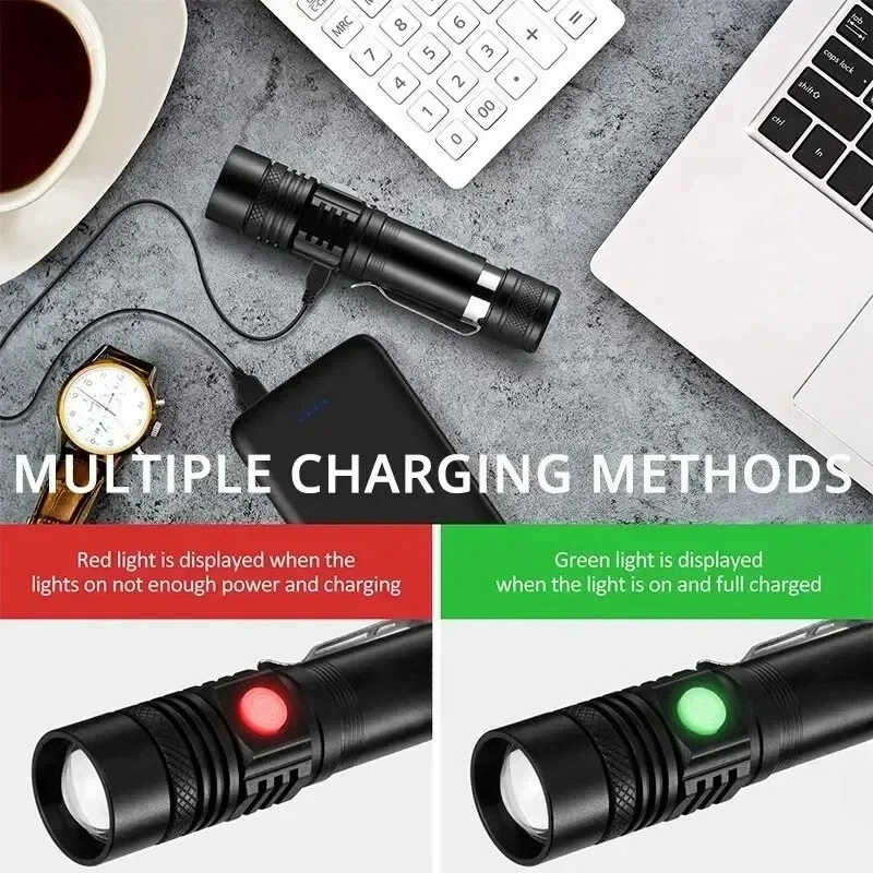 充電式 T6 ハンドヘルド懐中電灯使用 18650 ズームト - Outdoor Camping Adventure のレビューと価格