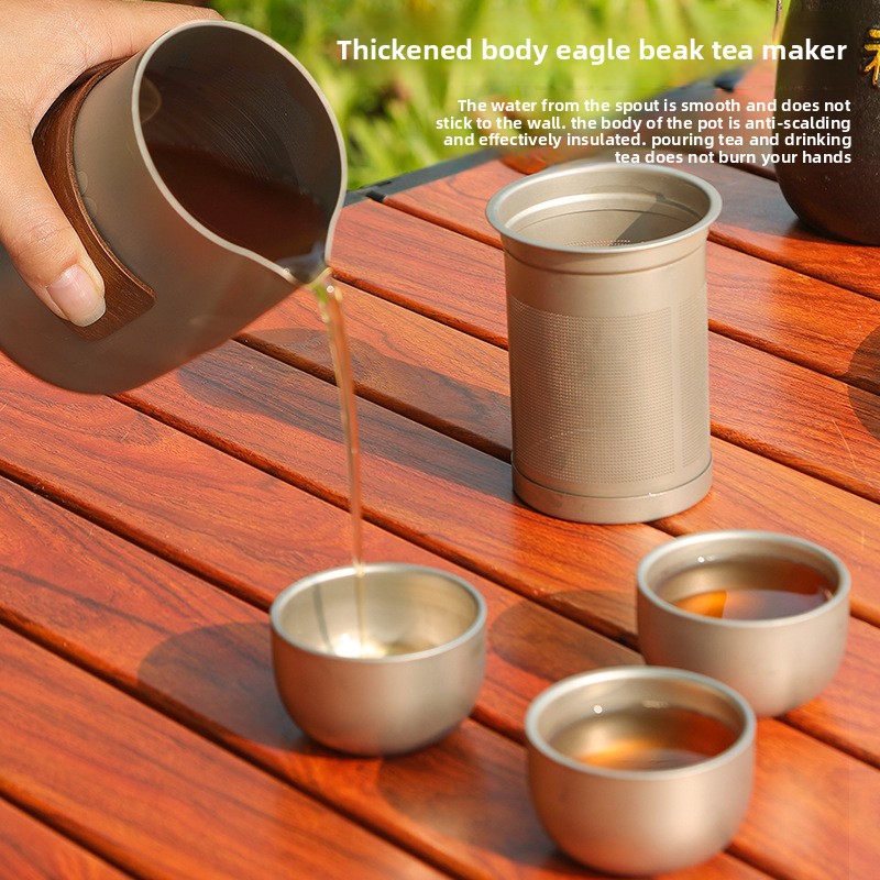 携帯用旅行茶器セット、チタンメッキ合金製ティーポットと二重壁 - Outdoor Camping Kettle のレビューと価格